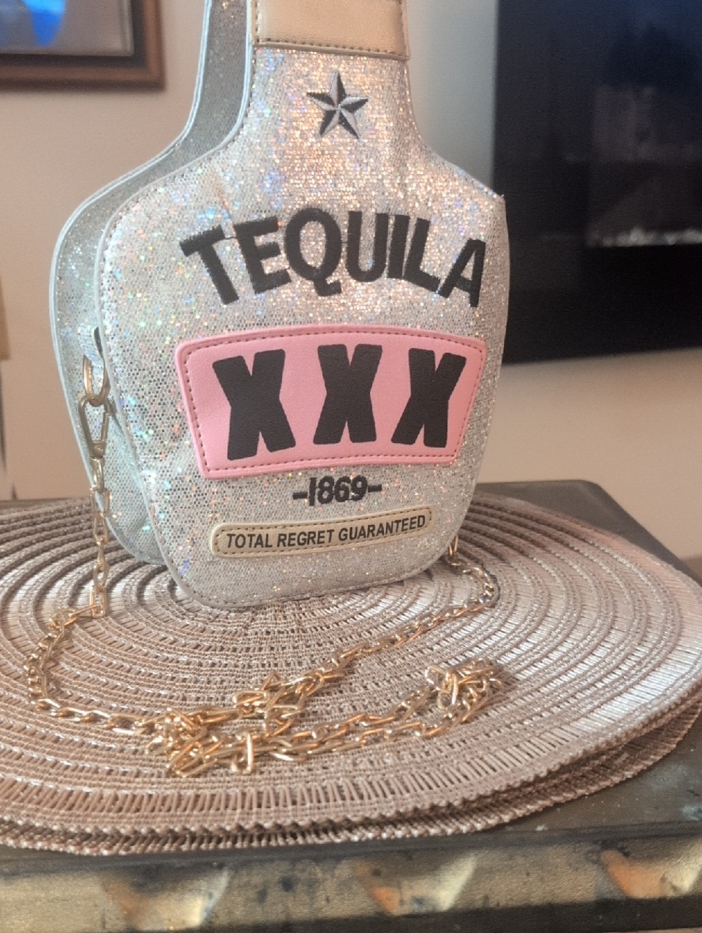 Tequila XXX Glitter Bottle Crossbody Bag - Silver & Pink